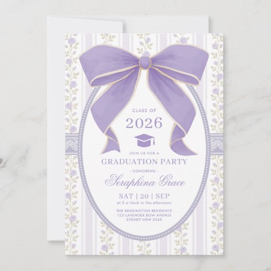 Coquette Purple Bow Shabby Chic Graduation Party 招待状 (正面)