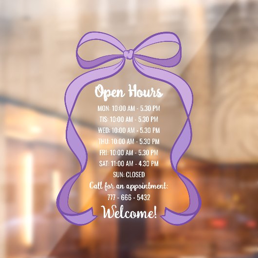 Coquette Purple Bow Small Business Open Hours ウィンドウサイン (シート2)