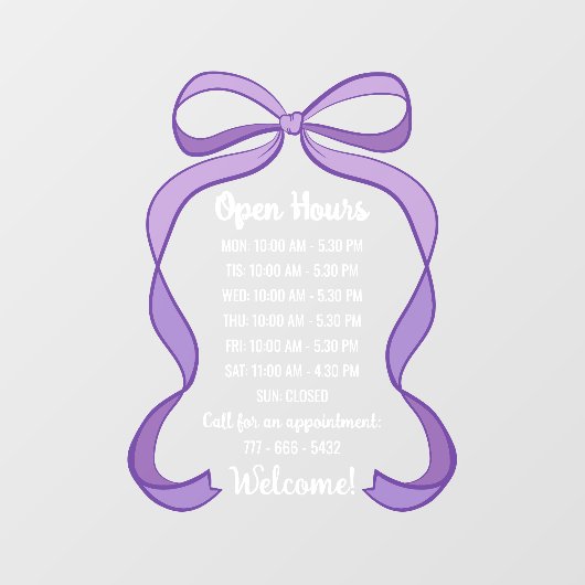 Coquette Purple Bow Small Business Open Hours ウィンドウサイン (シート)