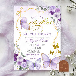 Coquette Purple Butterfly Twins Baby Shower 招待状