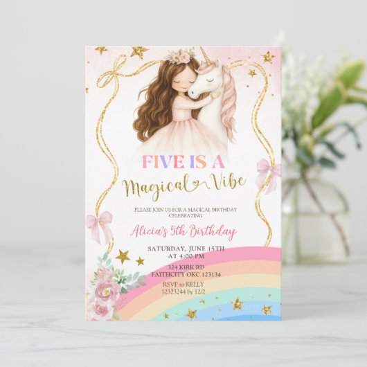 Coquette Rainbow Pastel Unicorn Magical Birthday 招待状 (スタンド正面)