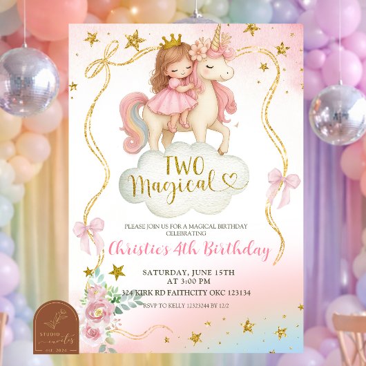 Coquette Rainbow Pastel Unicorn TWO Magical Birthd 招待状