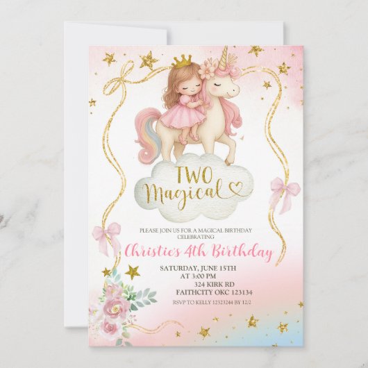 Coquette Rainbow Pastel Unicorn TWO Magical Birthd 招待状 (正面)
