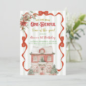 Coquette Red Bow Christmas Sweet Shop 1st Birthday 招待状 (スタンド正面)