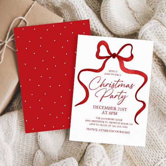 Coquette Red Bow Classic Holiday Christmas Party 招待状