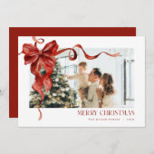 Coquette Red Bow Holiday Photo Christmas Card シーズンカード (正面/裏面)
