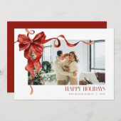 Coquette Red Bow Holiday Photo Christmas Card シーズンカード (正面/裏面)