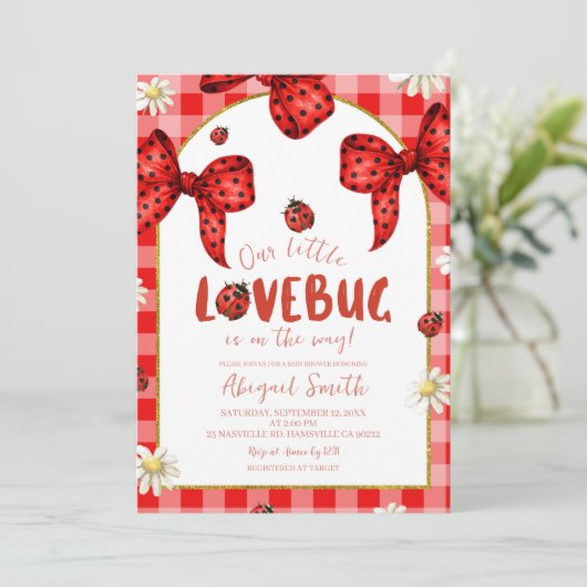 Coquette Red Bow Lovebug Baby Shower Invitation 招待状 (スタンド正面)
