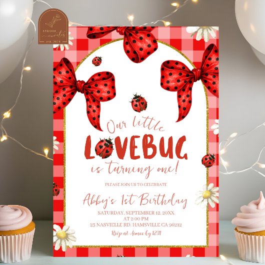 Coquette Red Bow Lovebug First Birthday Invitation 招待状