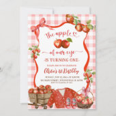 Coquette Red Plaid Bow Apple 1st Birthday 招待状 (正面)