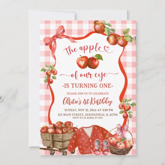 Coquette Red Plaid Bow Apple 1st Birthday 招待状 (正面)