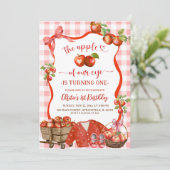 Coquette Red Plaid Bow Apple 1st Birthday 招待状 (スタンド正面)