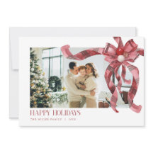 Coquette Red Plaid Gift Bow Photo Christmas Card