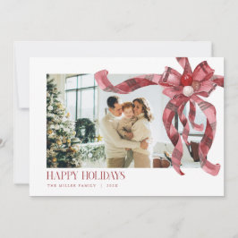 Coquette Red Plaid Gift Bow Photo Christmas Card シーズンカード