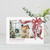 Coquette Red Plaid Gift Bow Photo Christmas Card シーズンカード (スタンド正面)