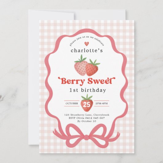 Coquette Red Strawberry Berry First 1st Birthday 招待状 (正面)