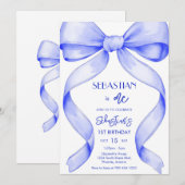 Coquette Royal Blue Bow Birthday Invitation 招待状 (正面/裏面)