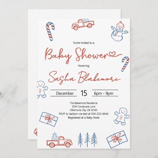 Coquette Rustic Red & Blue Christmas Baby Shower  招待状 (正面/裏面)
