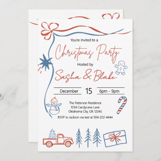 Coquette Rustic Red & Blue Christmas Party  招待状 (正面/裏面)