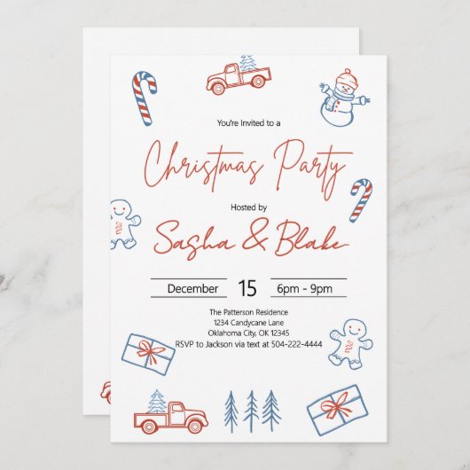 Coquette Rustic Red & Blue Christmas Party  招待状 (正面/裏面)