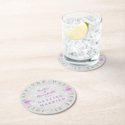 Coquette Sheer Pink Bow Bouquet Save-the-Date ラウンドペーパーコースター (インサイチュ)