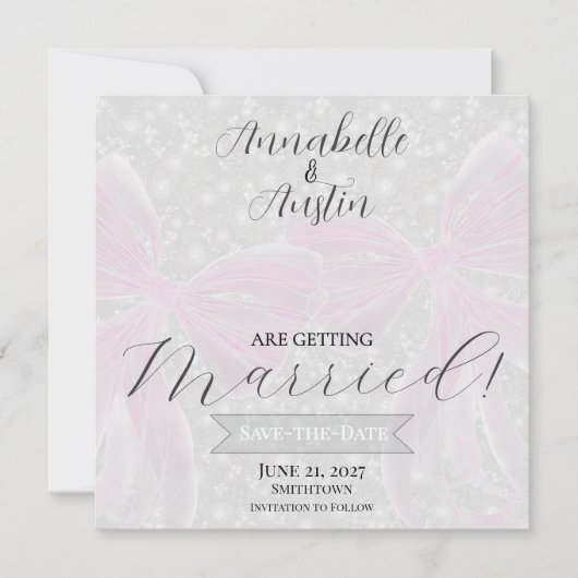 Coquette Sheer Pink Bows Flat Save The Date Card セーブザデート (正面)