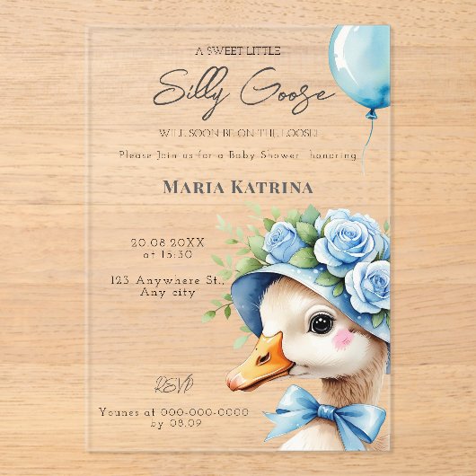 Coquette Silly Goose Blue Bow Boy Baby Shower アクリル招待状 (正面)