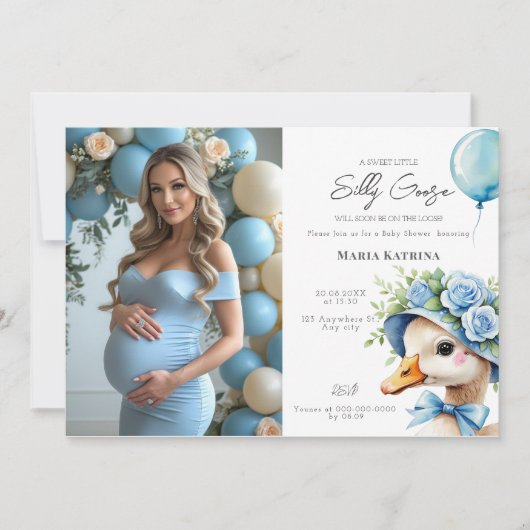 Coquette Silly Goose Blue Bow Boy Baby Shower 招待状 (正面)