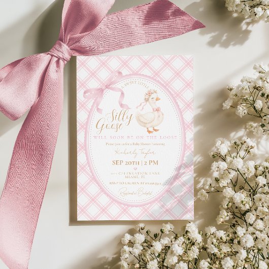 Coquette Silly Goose Pink Bow Girl Baby Shower 招待状