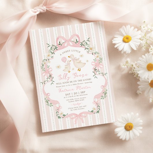 Coquette Silly Goose Pink Bow Girl Baby Shower 招待状