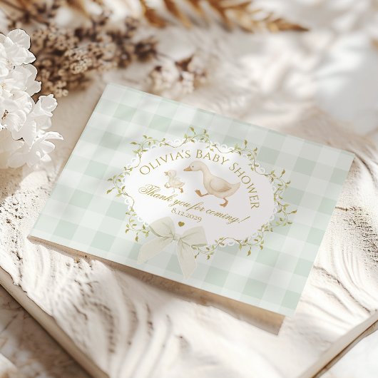 Coquette Silly Goose Sage Gingham Baby Shower サンキューカード