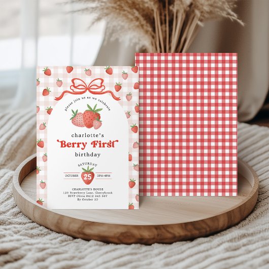 Coquette Strawberry Berry First 1st Birthday 招待状