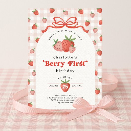 Coquette Strawberry Berry First 1st Birthday 招待状