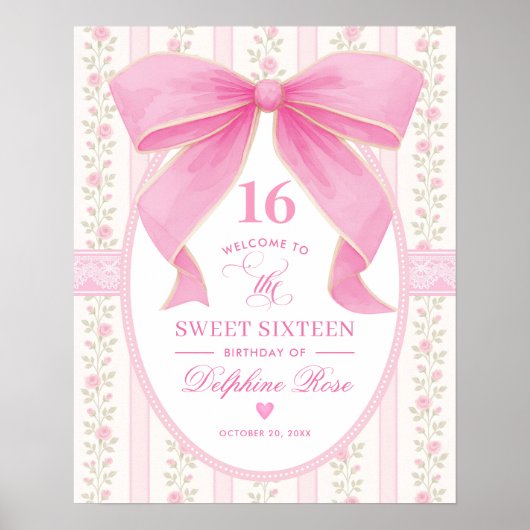 Coquette Sweet 16 Pink Bow Roses Welcome ポスター (正面)
