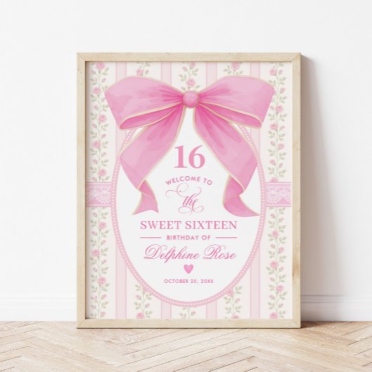 Coquette Sweet 16 Pink Bow Roses Welcome ポスター