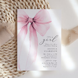Coquette Watercolor Big Pink Bow Baby Shower 招待状