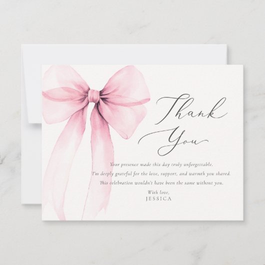 Coquette Watercolor Pink Bow Thank You Card 招待状 (正面)