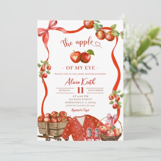 Coquette Wavy Bow Apple Of Our Eye Baby Shower 招待状 (スタンド正面)