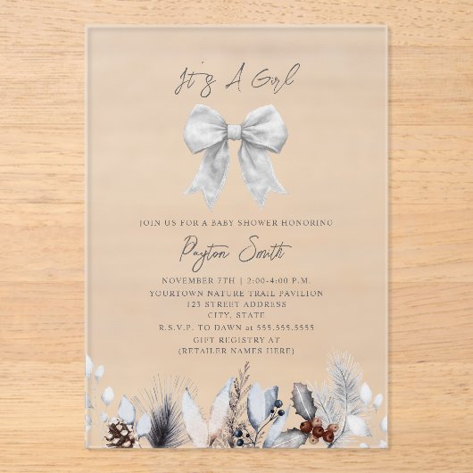Coquette White Bow Winter Botanical Baby Shower アクリル招待状 (正面)