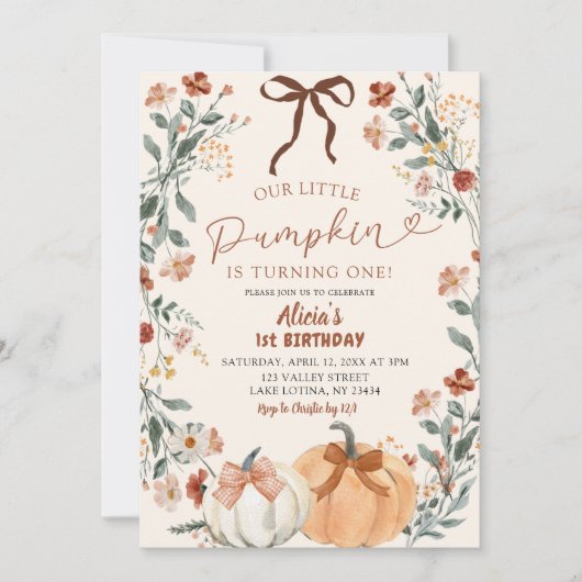 Coquette Wildflower Pumpkin 1st Birthday 招待状 (正面)