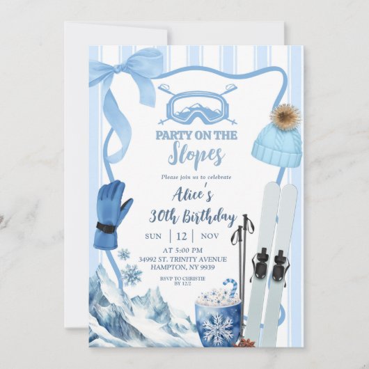 Coquette Winter Blue pastel Ski birthday 招待状 (正面)
