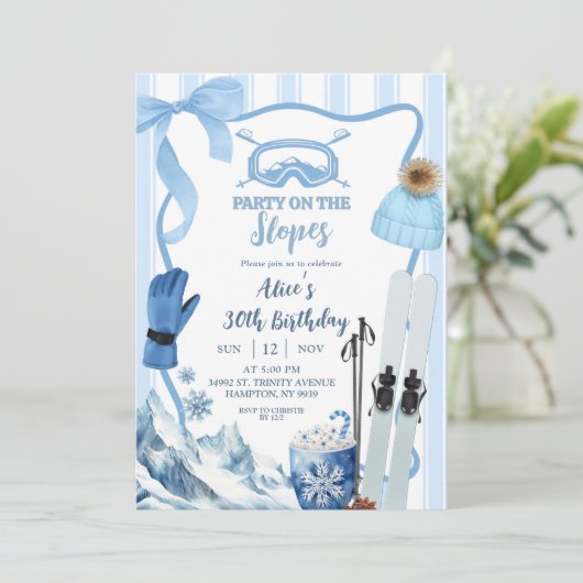 Coquette Winter Blue pastel Ski birthday 招待状 (スタンド正面)