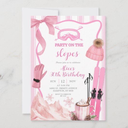 Coquette Winter Pink pastel Ski birthday 招待状 (正面)