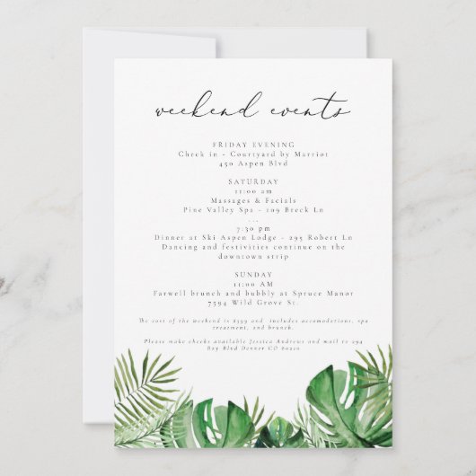 CORAトロピカルウォーターカラーパームリーフバチェロレッテ 招待状 (裏面)