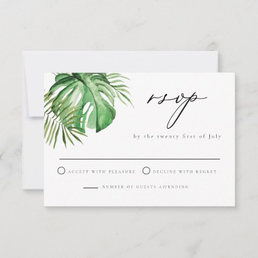 CORAトロピカルパーム離れビーチをテーマにした結婚式RSVP 招待状 (正面)