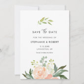 CORA水色ピーチフローラ結婚式の日付を保存 招待状 (正面)