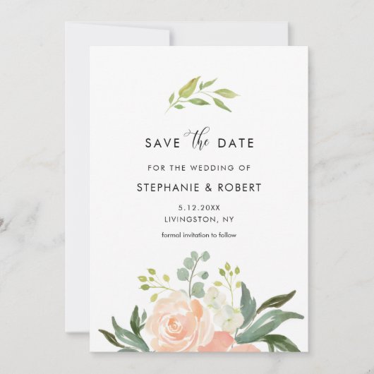 CORA水色ピーチフローラ結婚式の日付を保存 招待状 (正面)