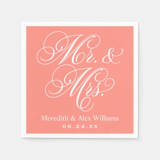 Coralエレガント Mr.And Mrs. Script Monogramカスタム スタンダードカクテルナプキン (正面)