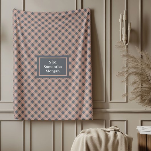Coral and Grey Plaid Blanket Elegant Custom Name フリースブランケット