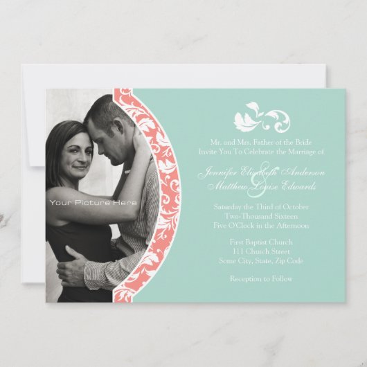 Coral and Mint Damask Photo 結婚's 招待状 (正面)